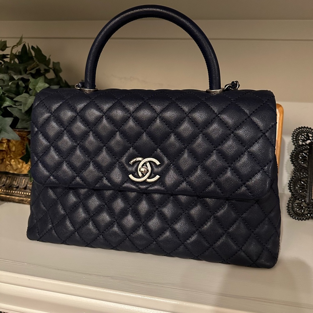 Chanel Caviar Quilted Coco Top Handle Medium Navy Blue
